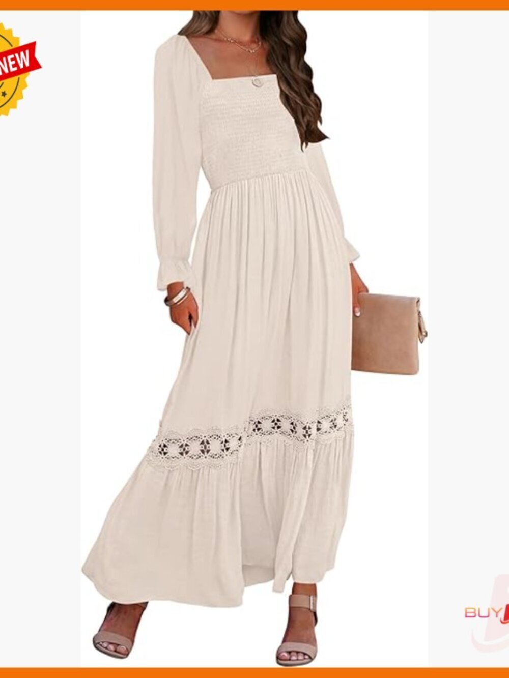 Long Sleeve Square Neck Smocked Maxi Dress, Flowy A-Line with Lace Trim